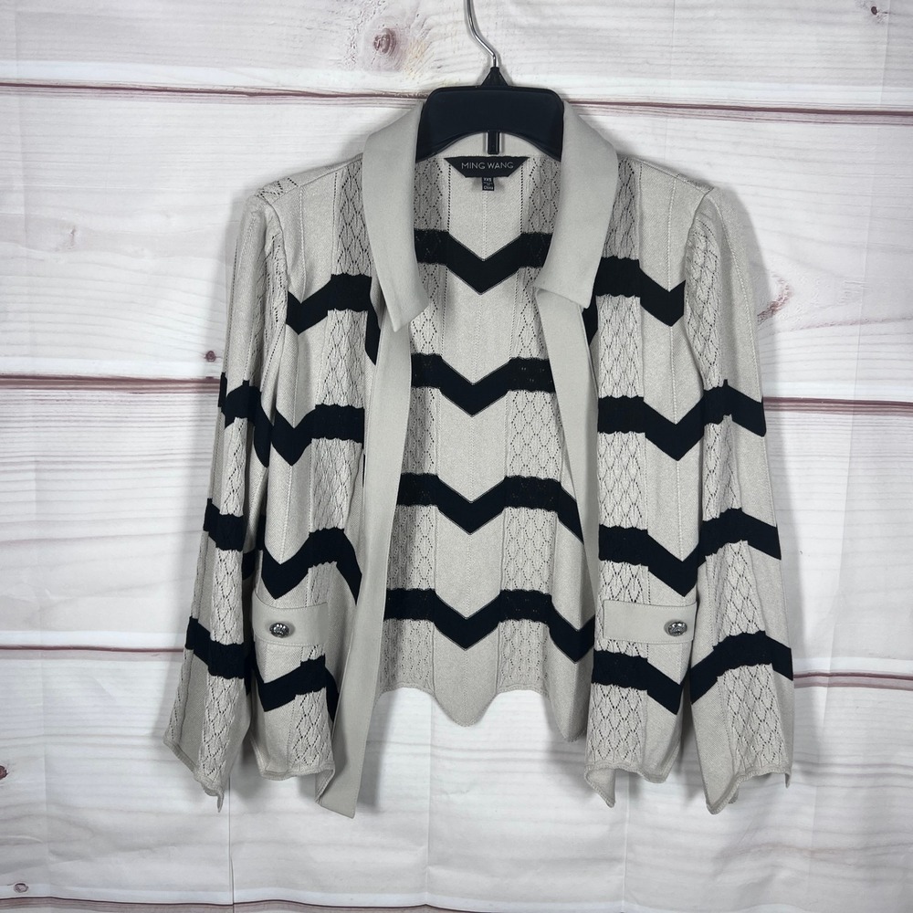 Ming Wang Cardigan Womens XXS Beige Black Chevron Knit Open Front Pointelle Knit